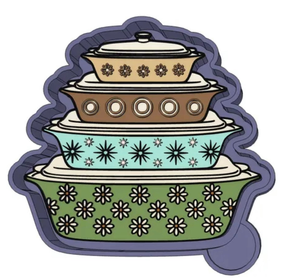 Stacked casserole dishes car freshie molds.