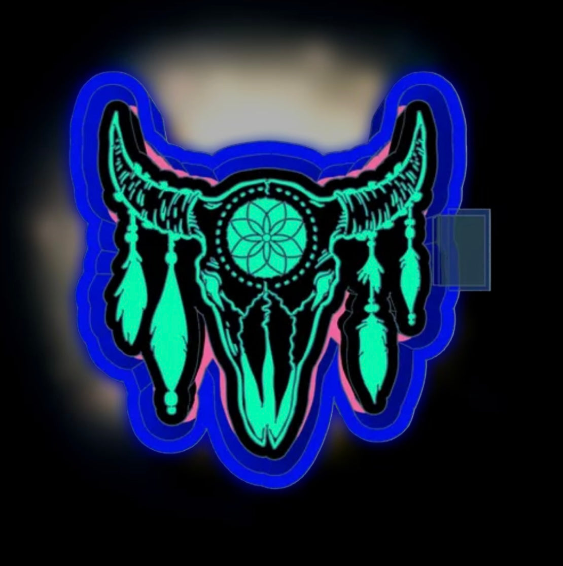 Bullhead skull with feathers and a flower car freshie mold.