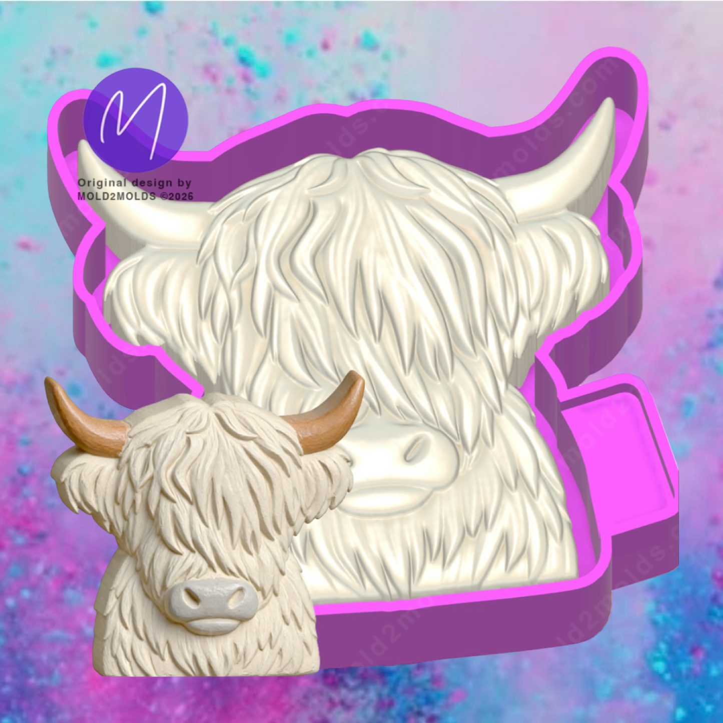 3D print fluffy highland cow car freshie mold.