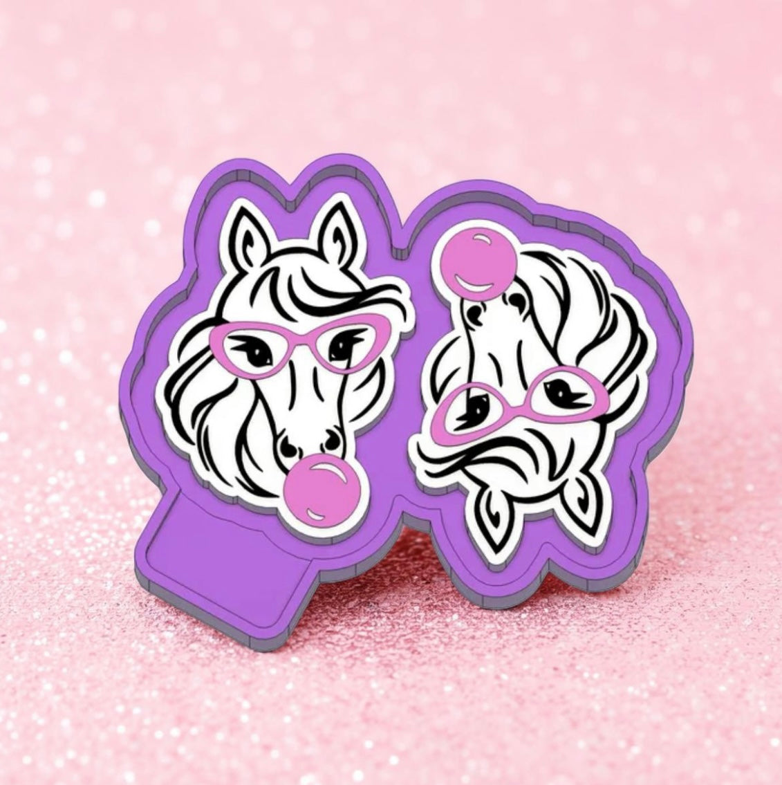 Horse with glasses blowing a bubble car freshie vent clip.