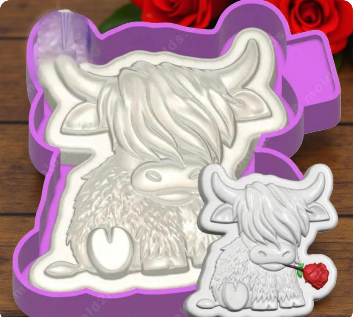 3D Highland cow with a rose car freshie molds