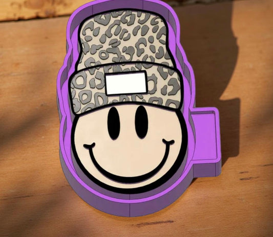 Smiley face  with leopard print beanie hat car freshie mold.