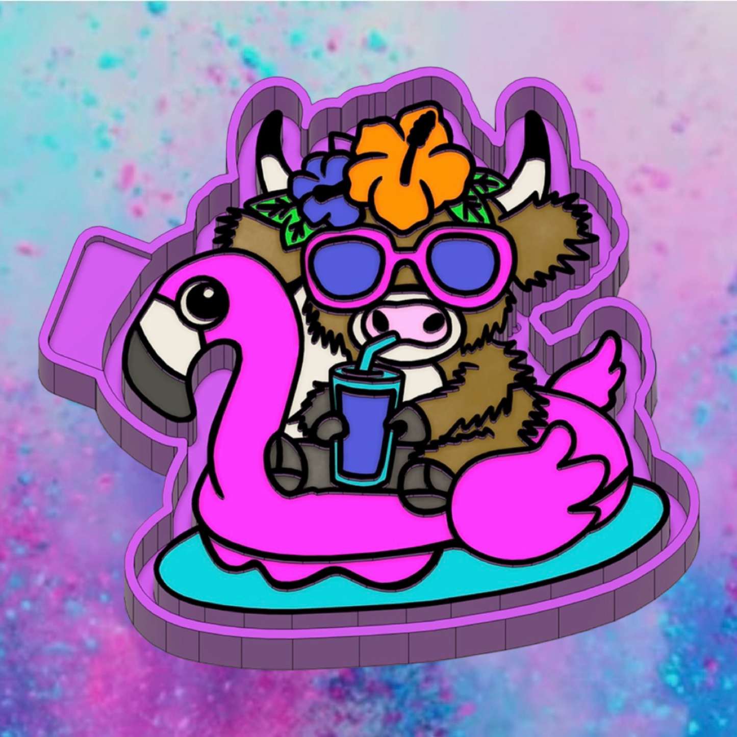Highland cow with a flower on a  flamingo raft car freshie mold.