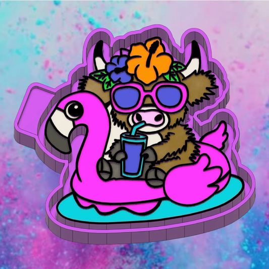 Highland cow with a flower on a  flamingo raft car freshie mold.