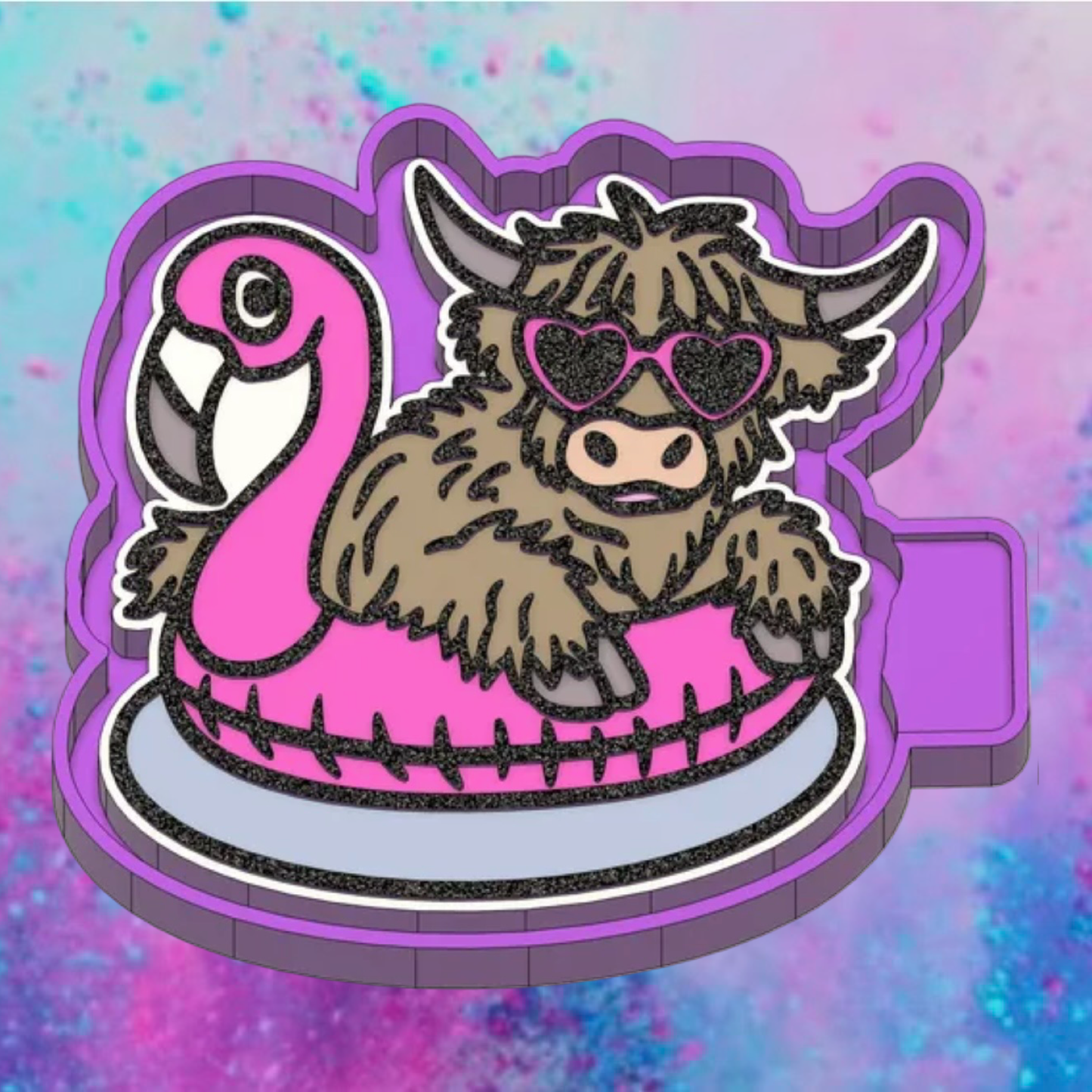 Highland cow on a  flamingo raft car freshie mold.