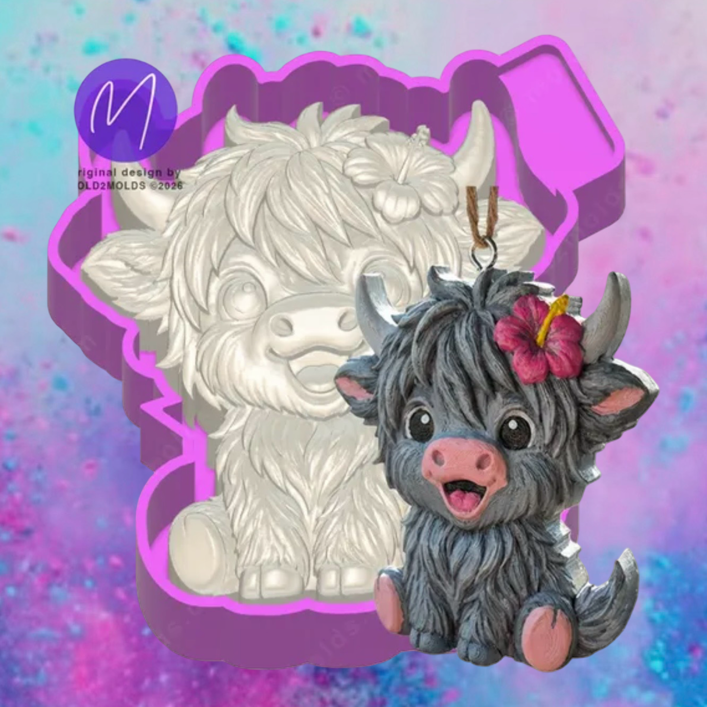 3D baby highland cow with hibiscus flower freshie molds.