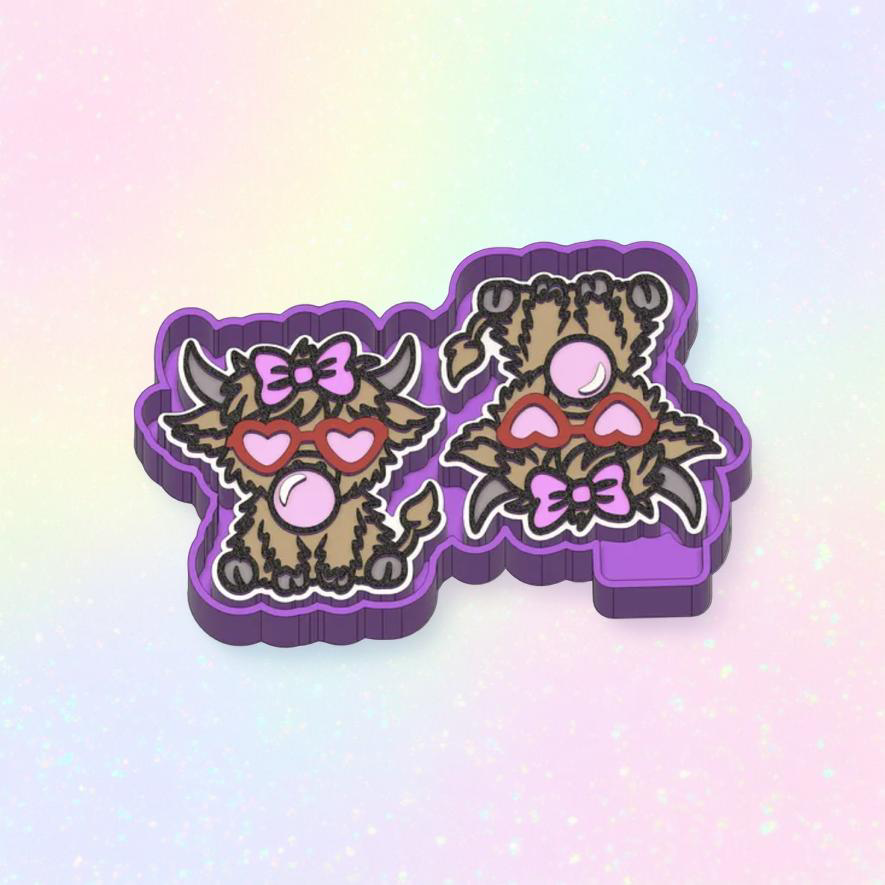 Bubblegum highland cow with sunglasses and bow vent clip mold.