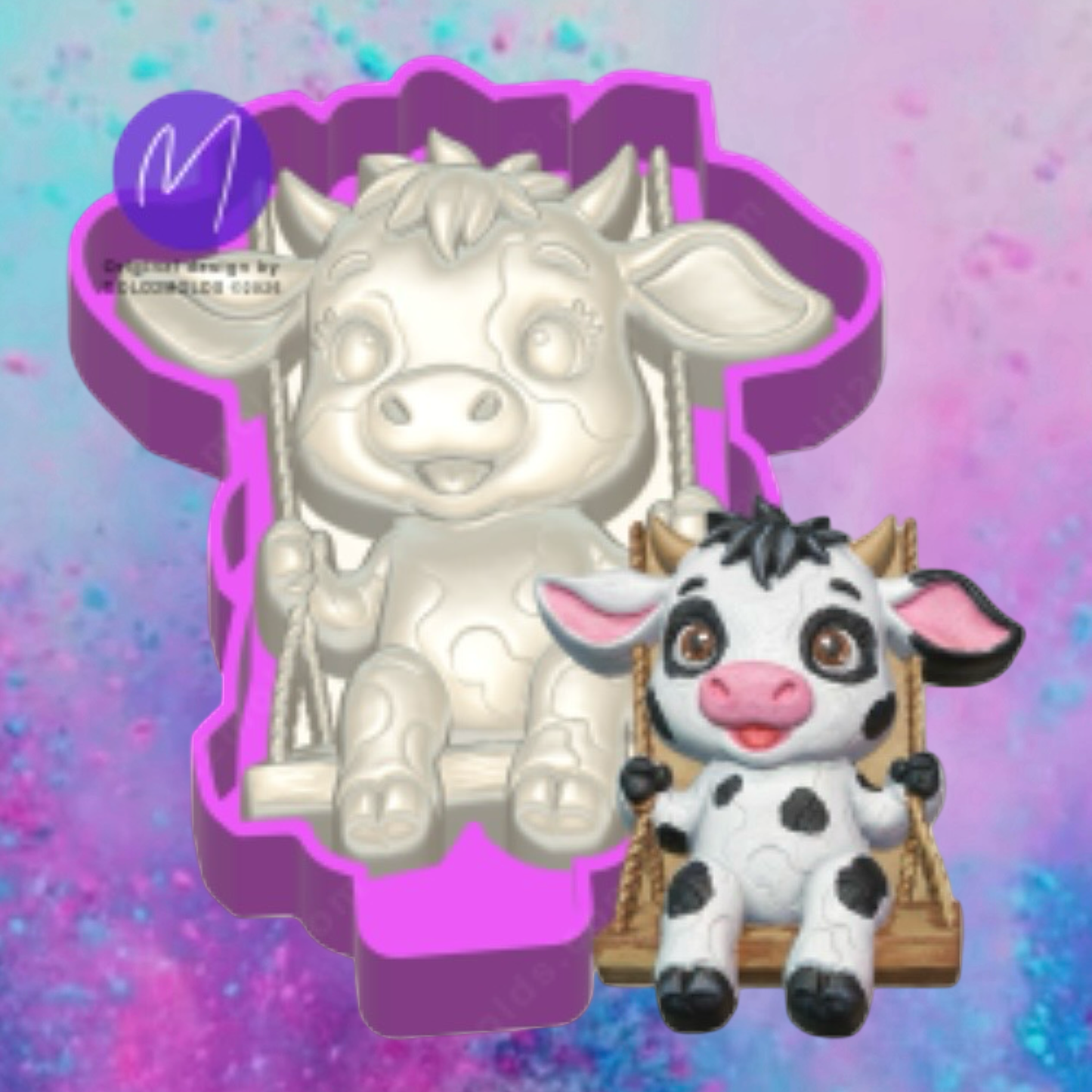 3D cute milk  cow on swing freshie molds.