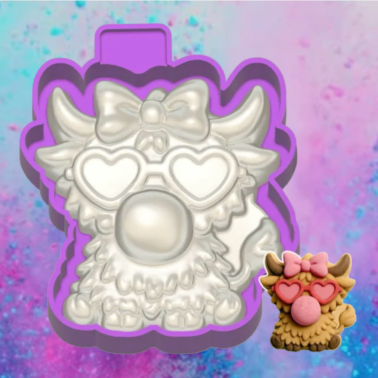 3D highland cow blowing a bubble car freshie molds.