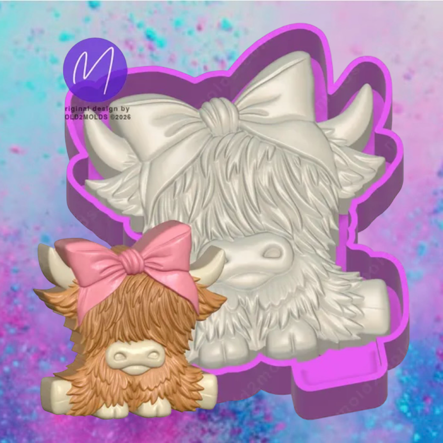 3D print highland cow with bow car freshie mold.