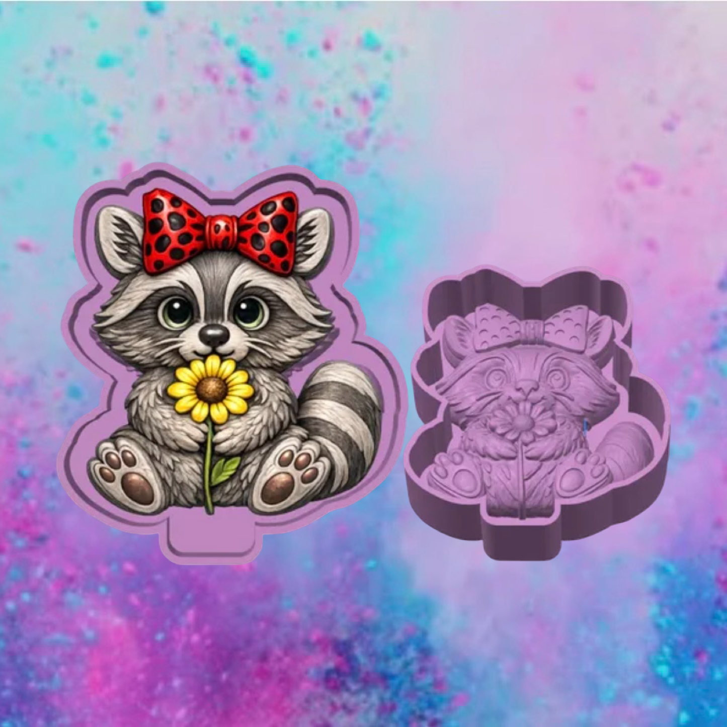3D print raccoon holding a flower car freshie mold