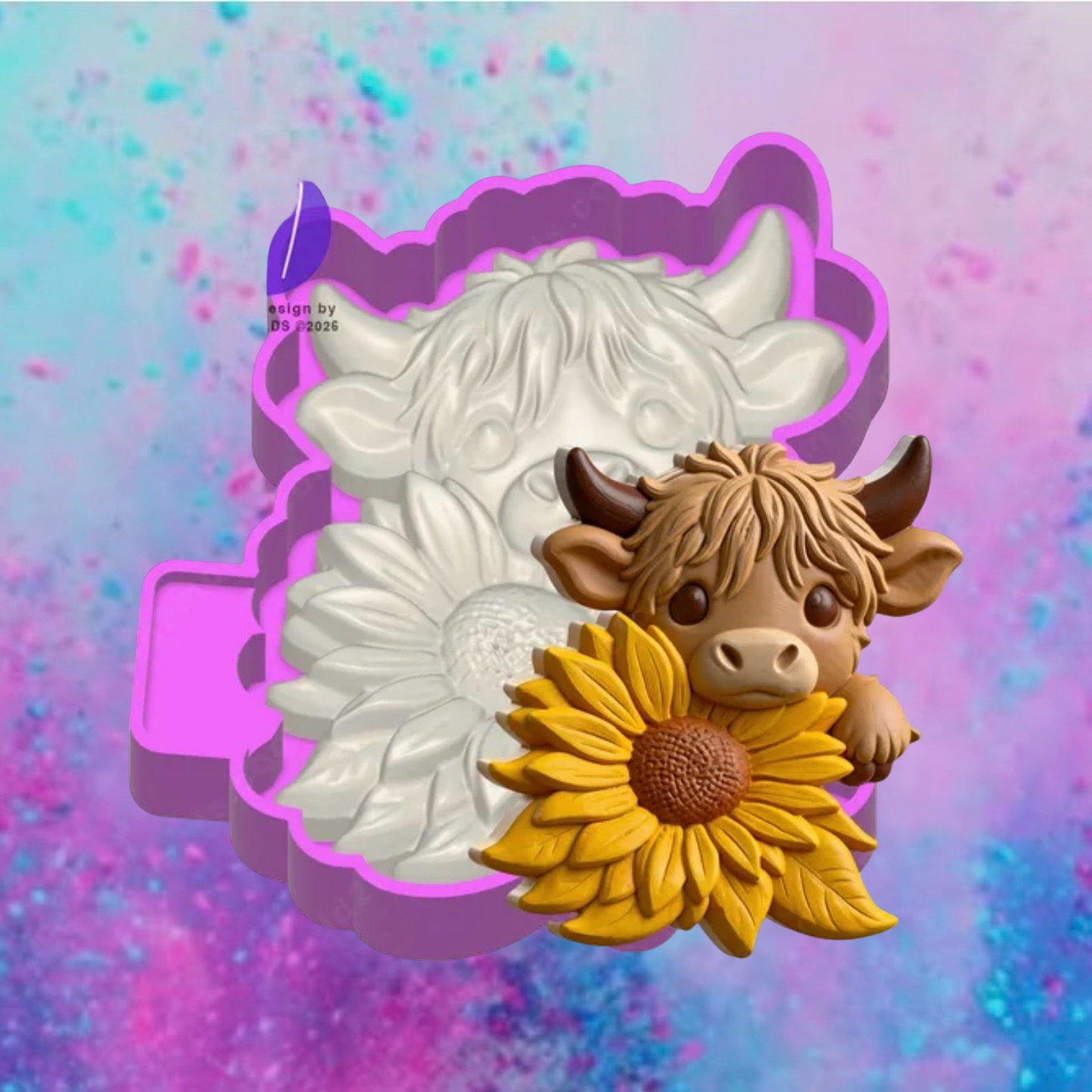 3D Highland cow with sunflower freshie mold